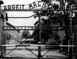 Надпись на воротах: Работа делает свободным - в этом крупнейшем в Европе концлагере (Аушвиц - Освенцим), расположенном недалеко от Кракова, погибло 1,5 млн. чел.